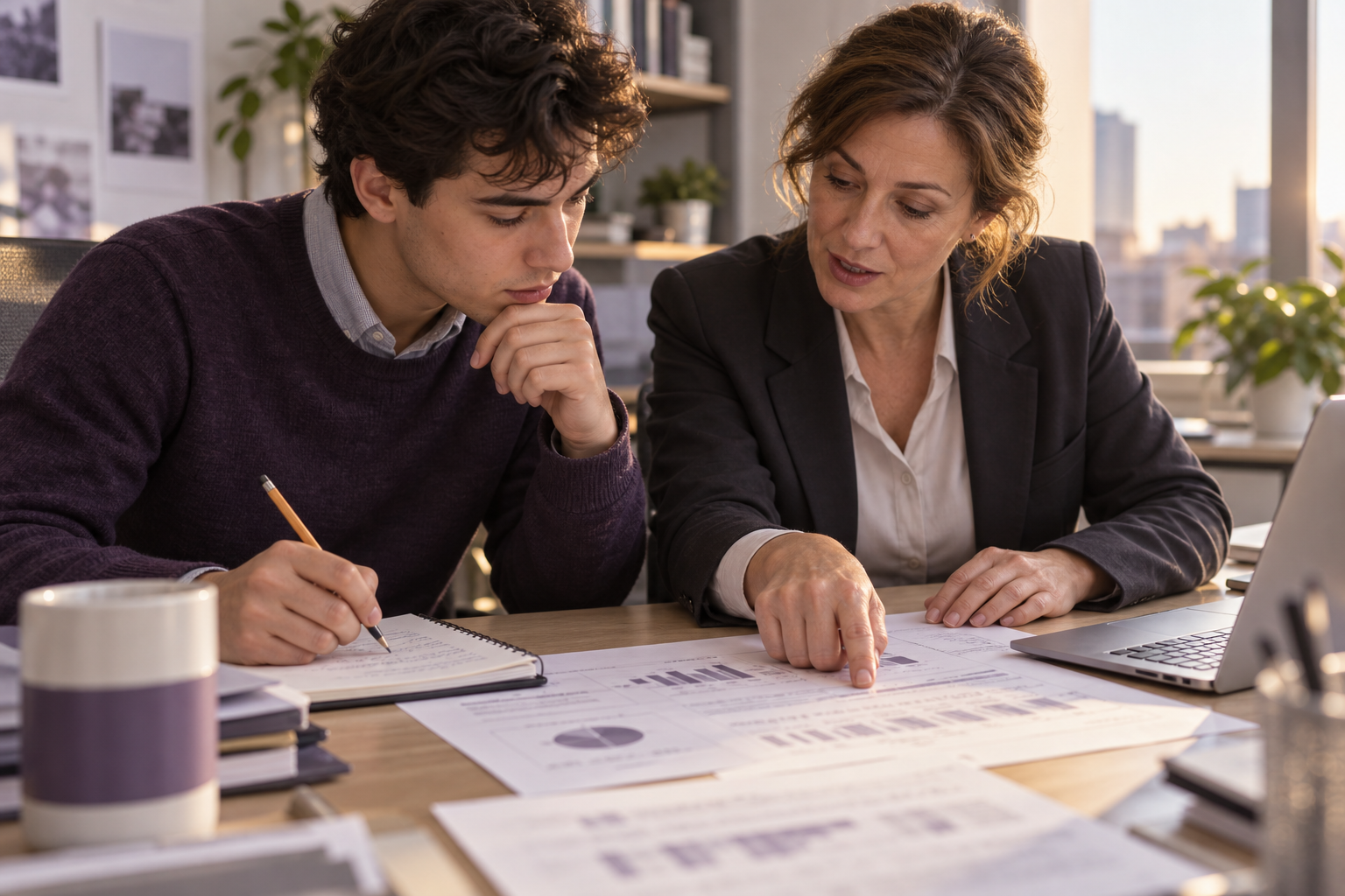 Conceptual illustration of a junior analyst learning to check a report with an experienced colleague.