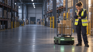 AI-generated conceptual illustration of a warehouse worker considering a mobile robot carrying parcels, with both subjects on the right.