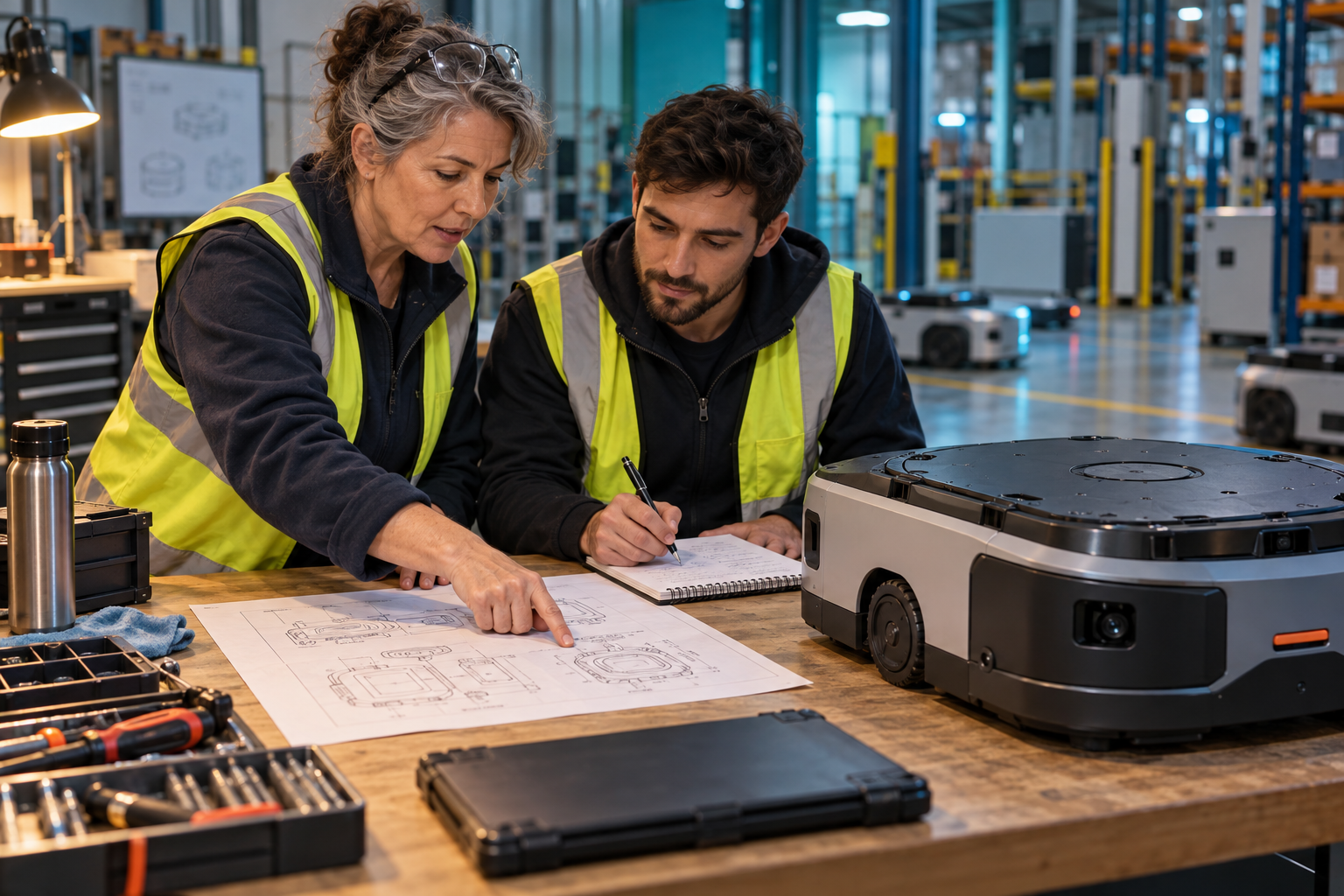 Conceptual illustration of an experienced technician helping a colleague study a diagnostic schematic beside an inactive mobile robot.