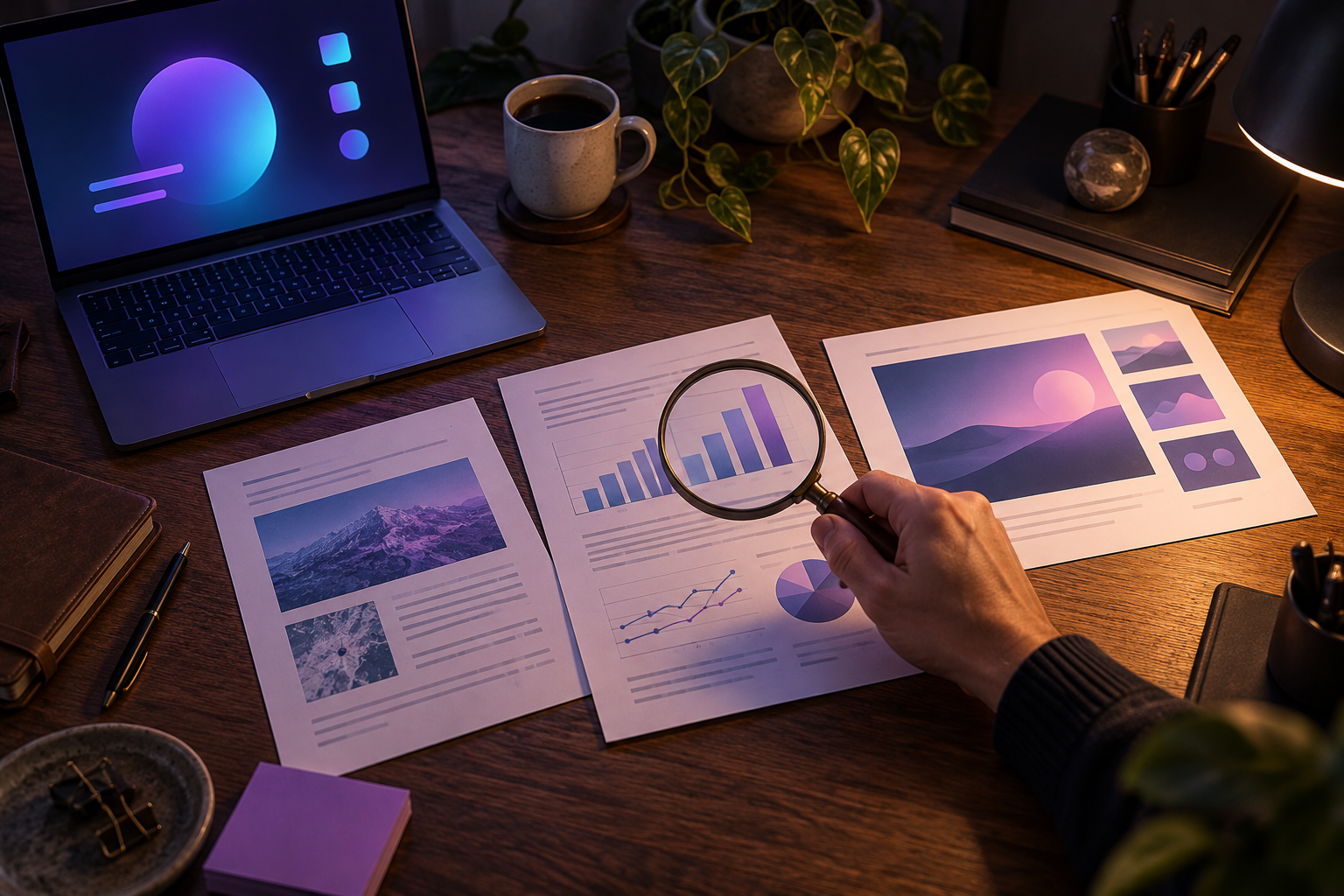 Conceptual illustration of a person checking AI-produced documents and charts with a magnifying glass beside a laptop.